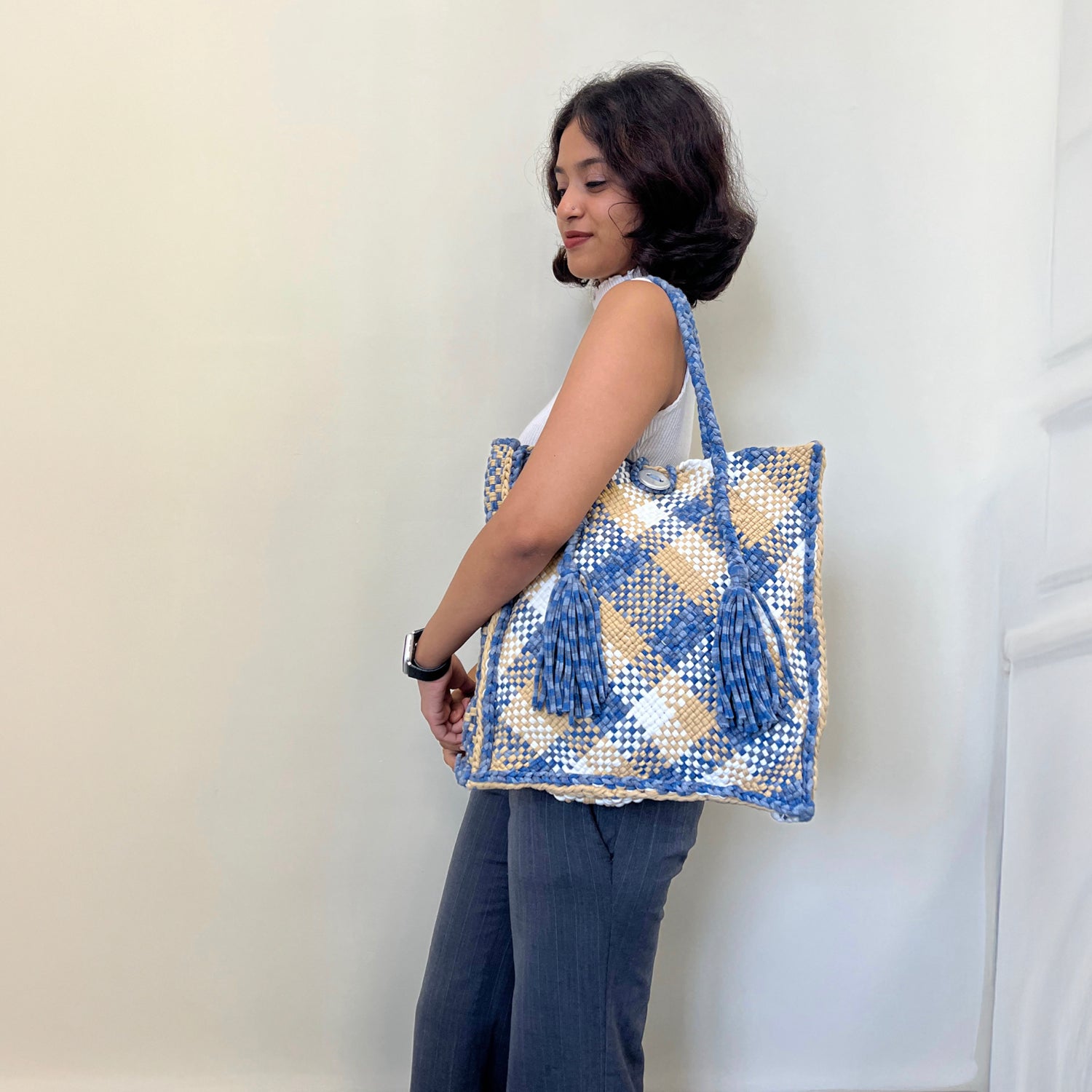 Image of Soft Tote | Hand Carry | Blue Beige Black