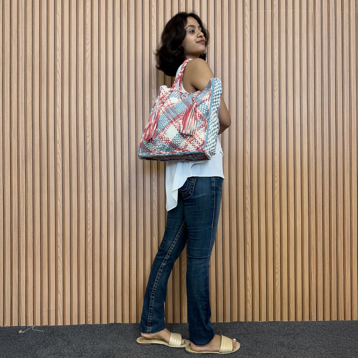 Image of Soft Tote | Hand Carry | Blue, Maroon, Off White