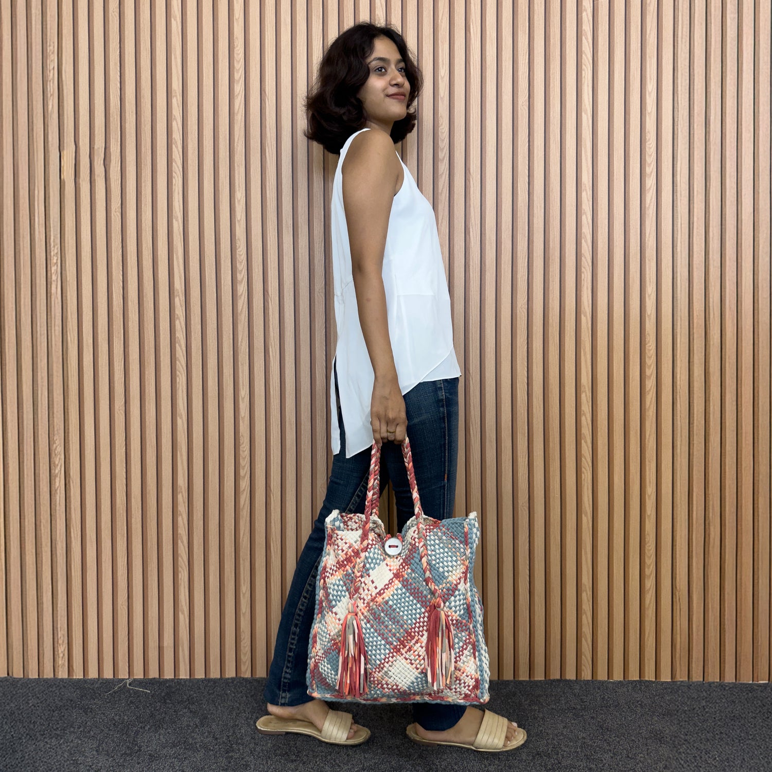 Image of Soft Tote | Hand Carry | Blue, Maroon, Off White