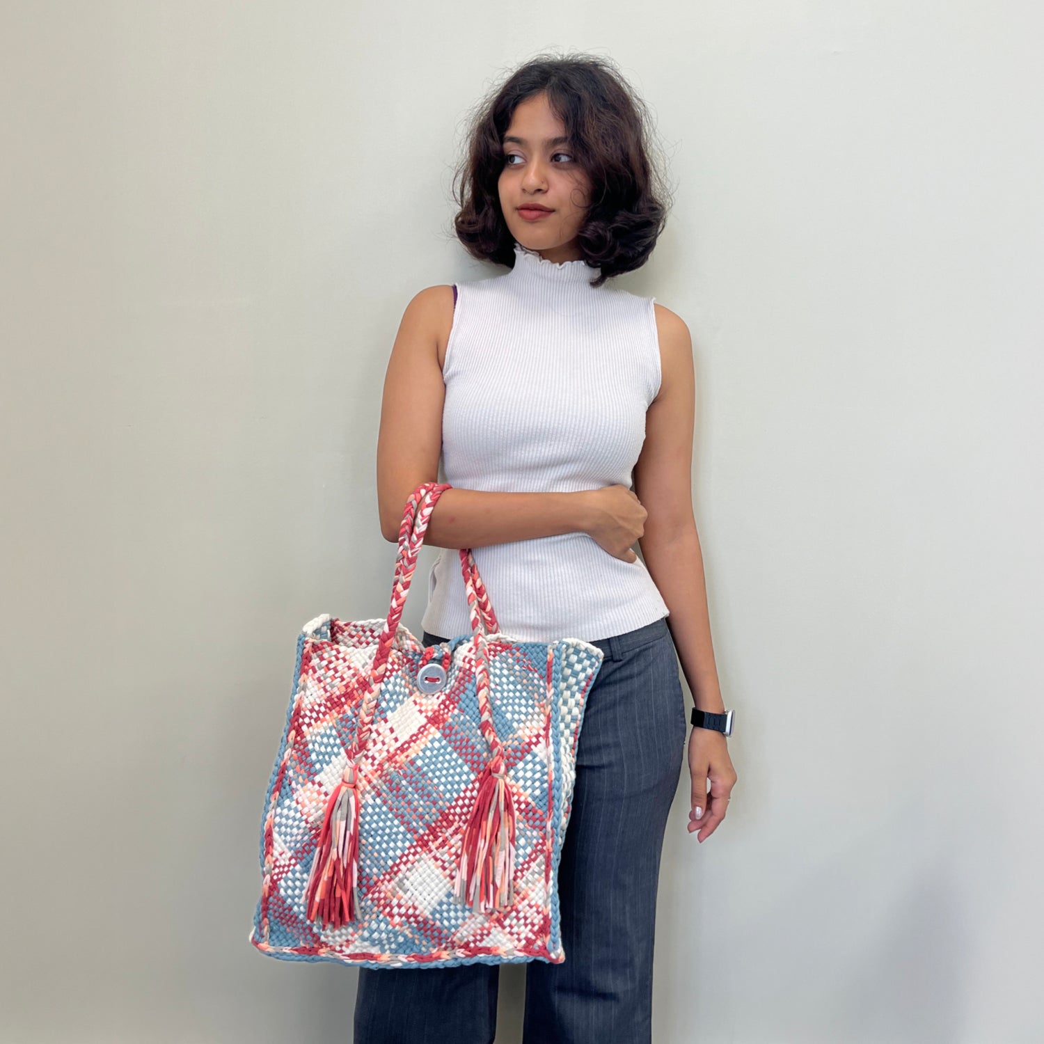 Image of Soft Tote | Hand Carry | Blue, Maroon, Off White