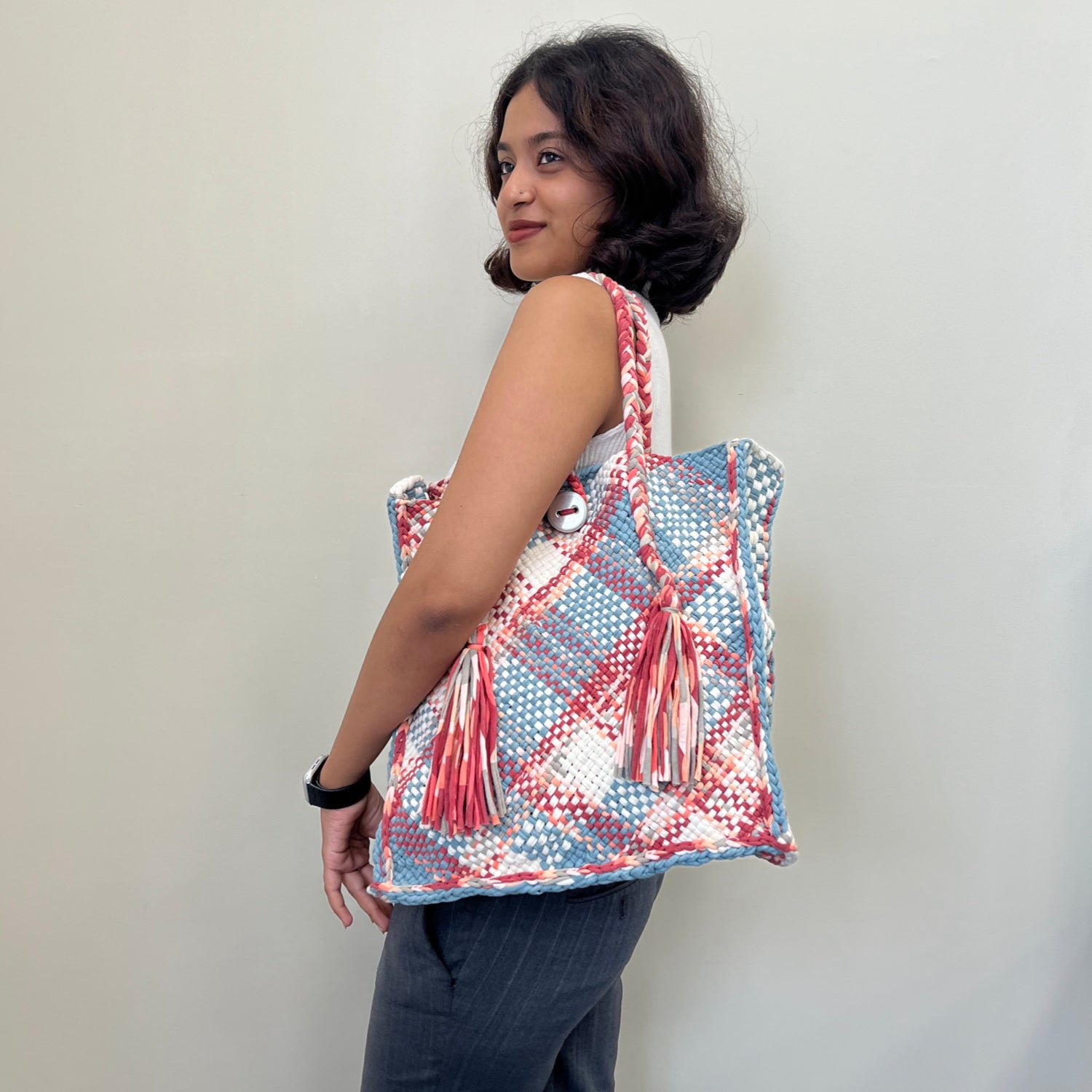 Image of Soft Tote | Hand Carry | Blue, Maroon, Off White