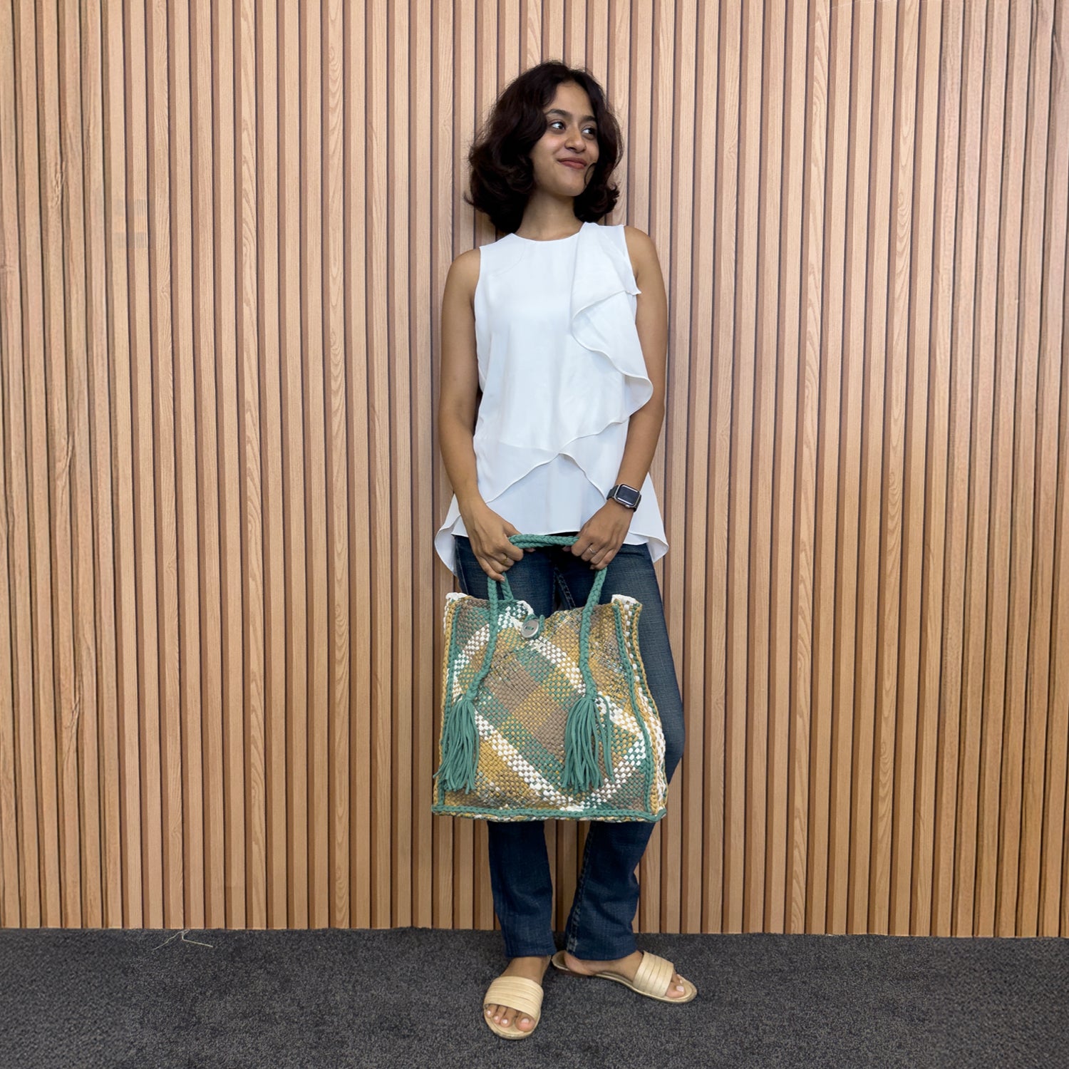 Image of Soft Tote | Hand Carry | Moss Green Beige Ivory