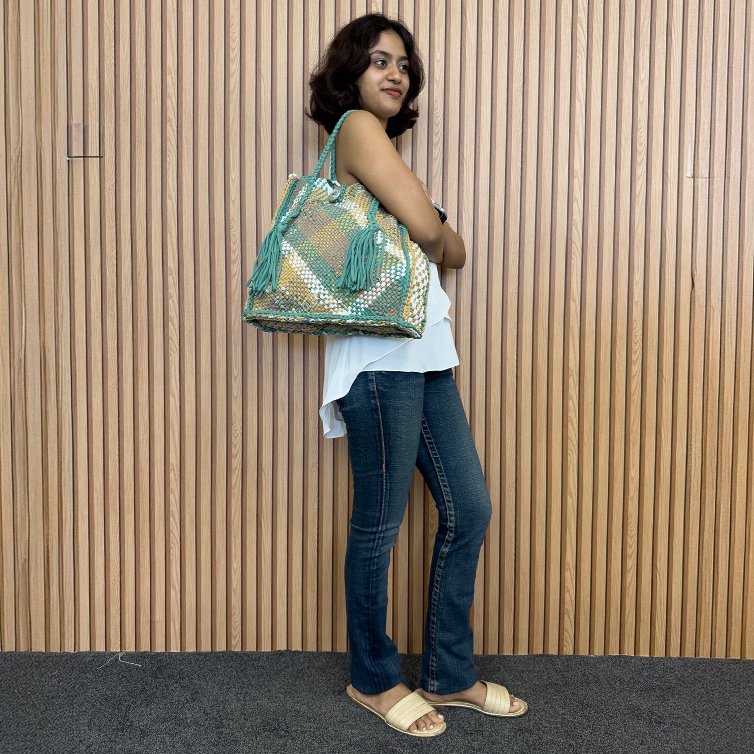 Image of Soft Tote | Hand Carry | Moss Green Beige Ivory