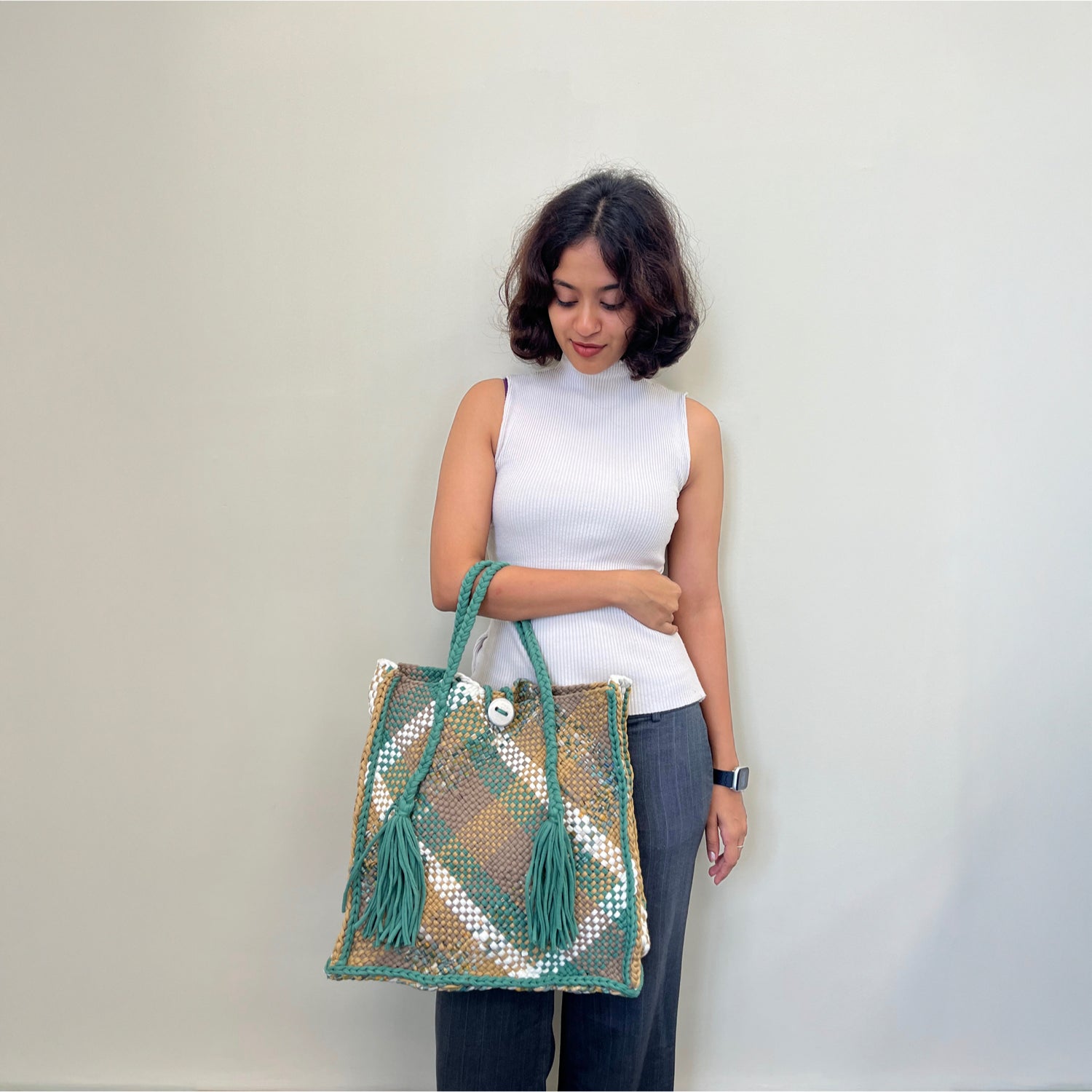 Image of Soft Tote | Hand Carry | Moss Green Beige Ivory