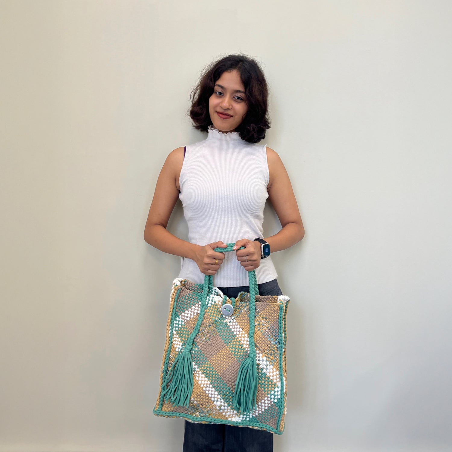 Image of Soft Tote | Hand Carry | Moss Green Beige Ivory