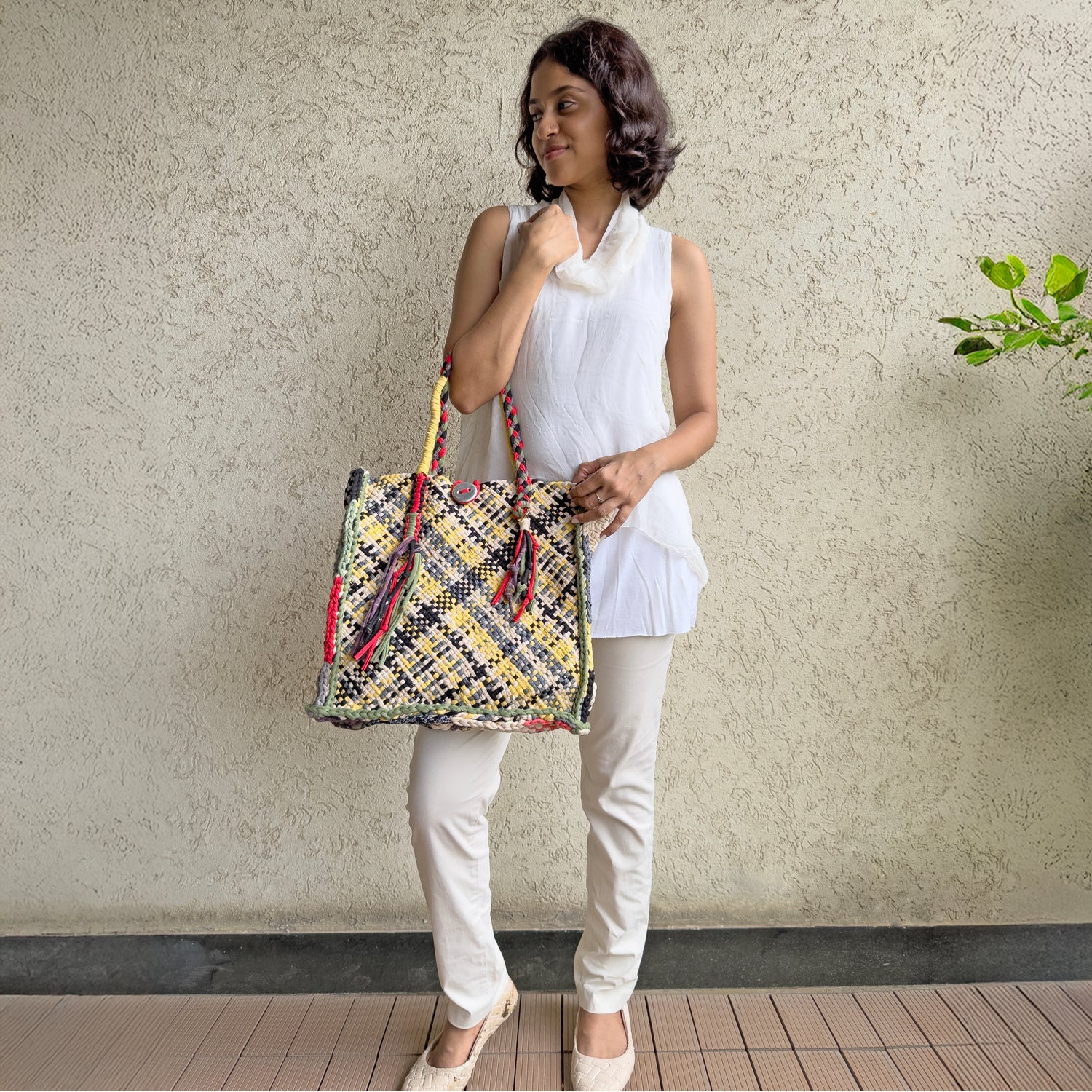 Image of Soft Tote | Hand Carry | Yellow Ecru Red Green Coral Grey Black
