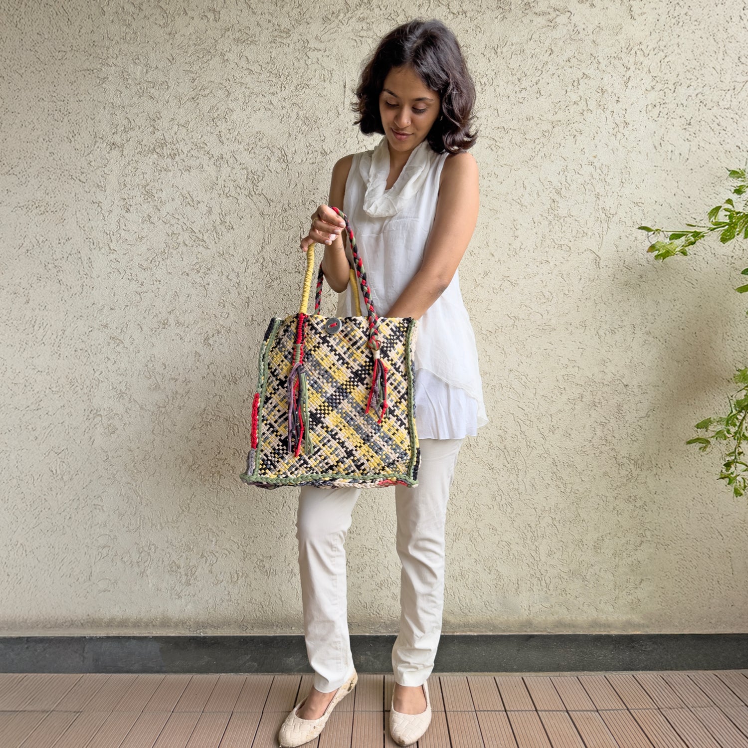 Image of Soft Tote | Hand Carry | Yellow Ecru Red Green Coral Grey Black