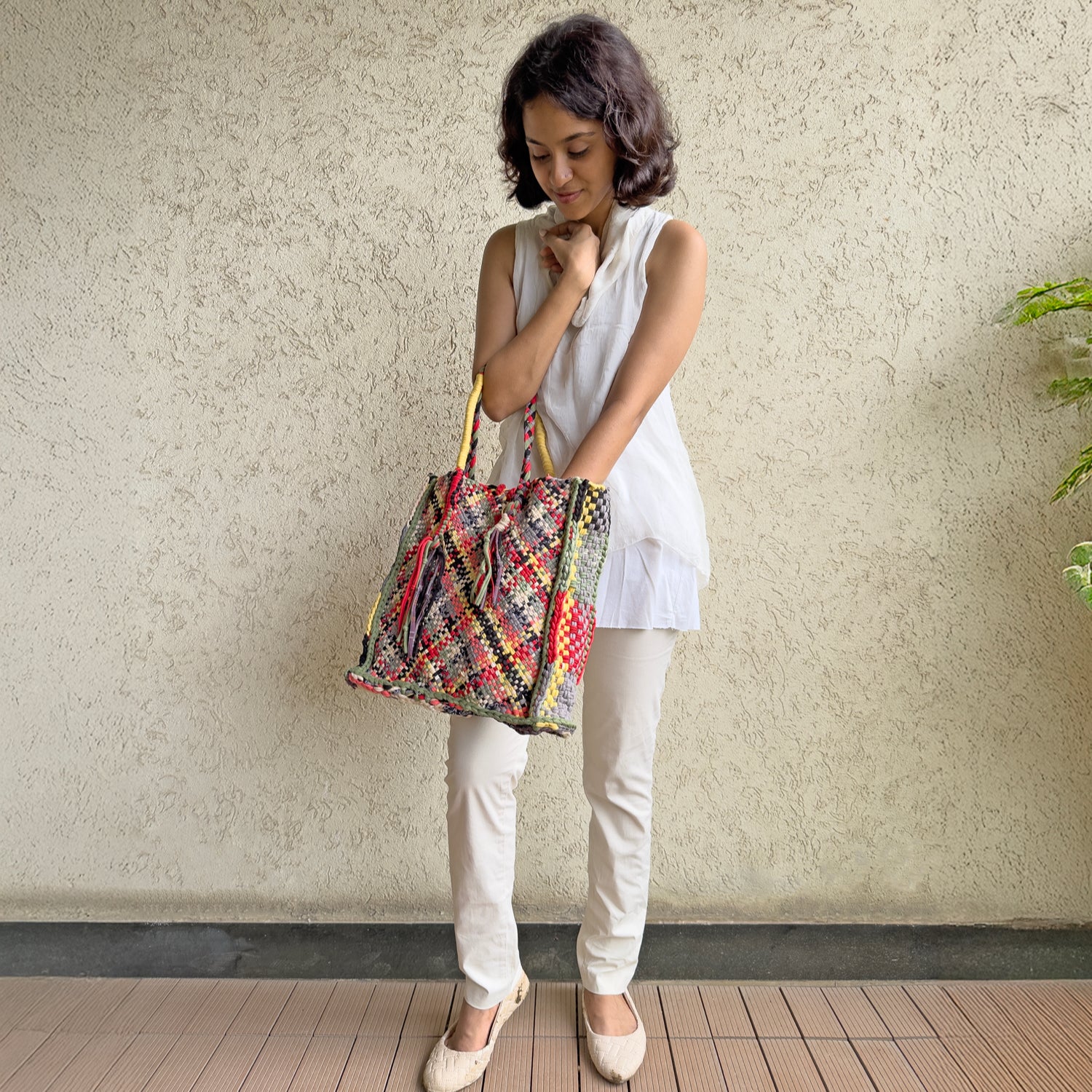 Image of Soft Tote | Hand Carry | Yellow Ecru Red Green Coral Grey Black