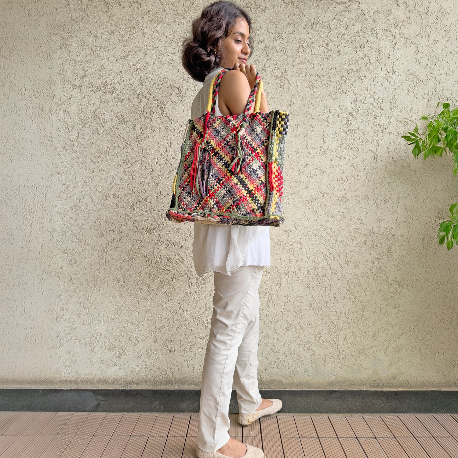 Image of Soft Tote | Hand Carry | Yellow Ecru Red Green Coral Grey Black