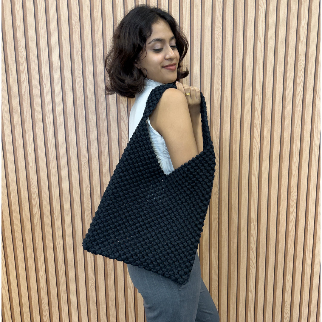 Image of Macrame criss-cross / Macrame Shoulder Tote Black| Shoulder carry
