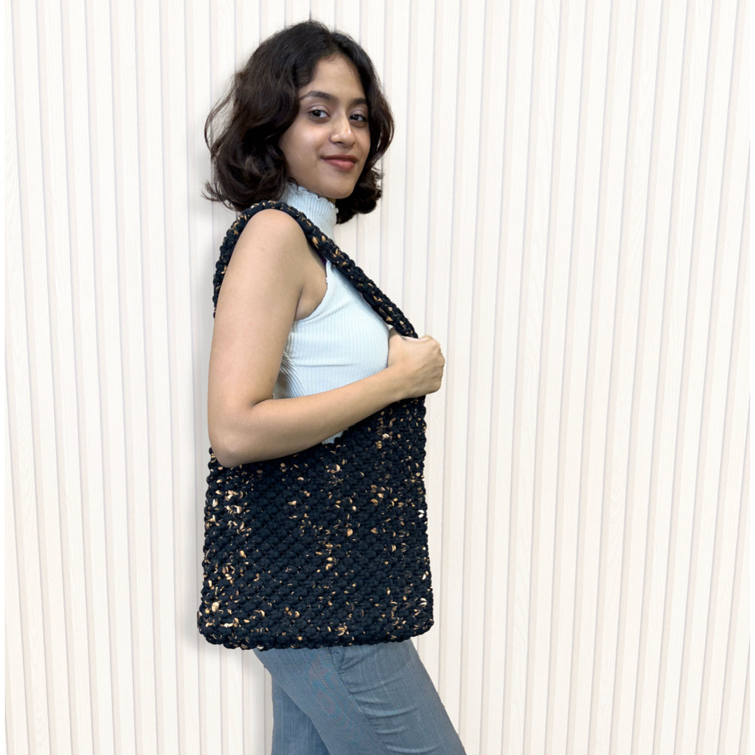 Image of Macrame criss-cross / Macrame Shoulder Tote Black Sprinkle| Shoulder carry