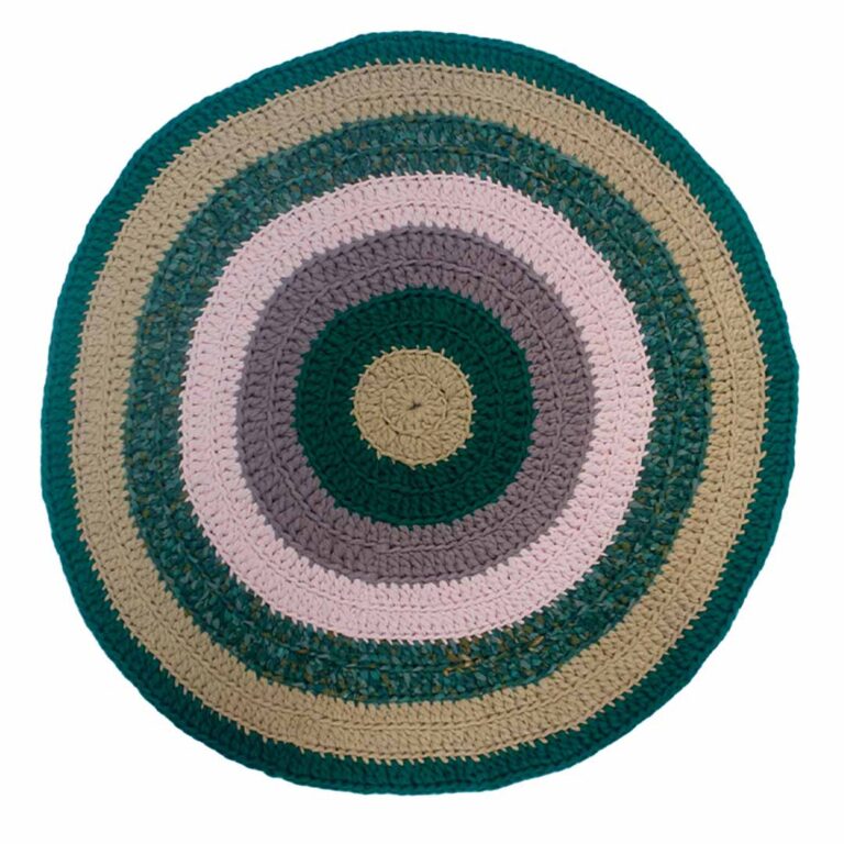 Image of Round Crochet Floor Rug Green Blush Pink Old Rose Light Beige