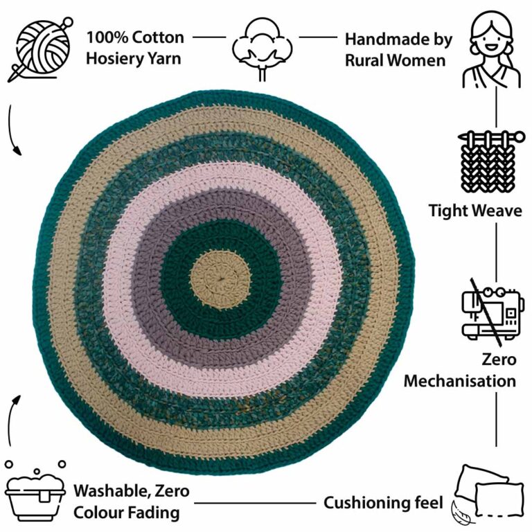 Image of Round Crochet Floor Rug Green Blush Pink Old Rose Light Beige