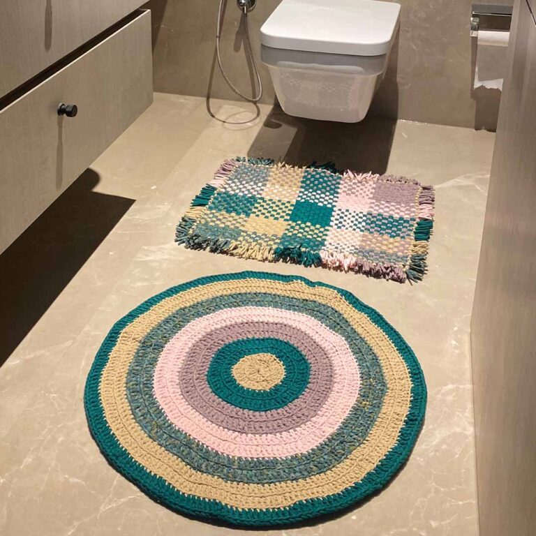 Image of Round Crochet Floor Rug Green Blush Pink Old Rose Light Beige