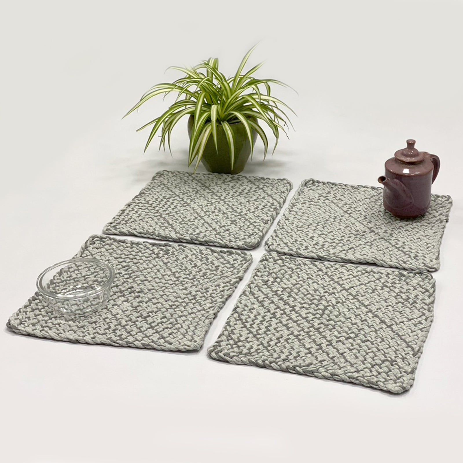 Image of Set of 4 Hand-Woven Square Placemats / Dining Mats Charcoal Nude Grey