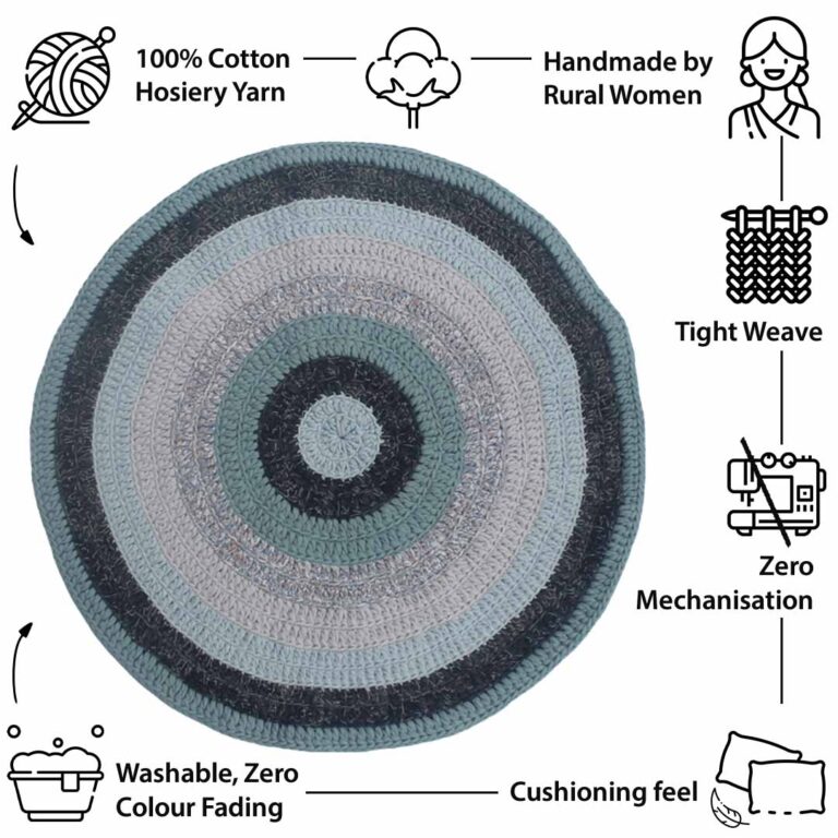 Image of Round Crochet Floor Rug Mint Teal Charcoal Light Grey