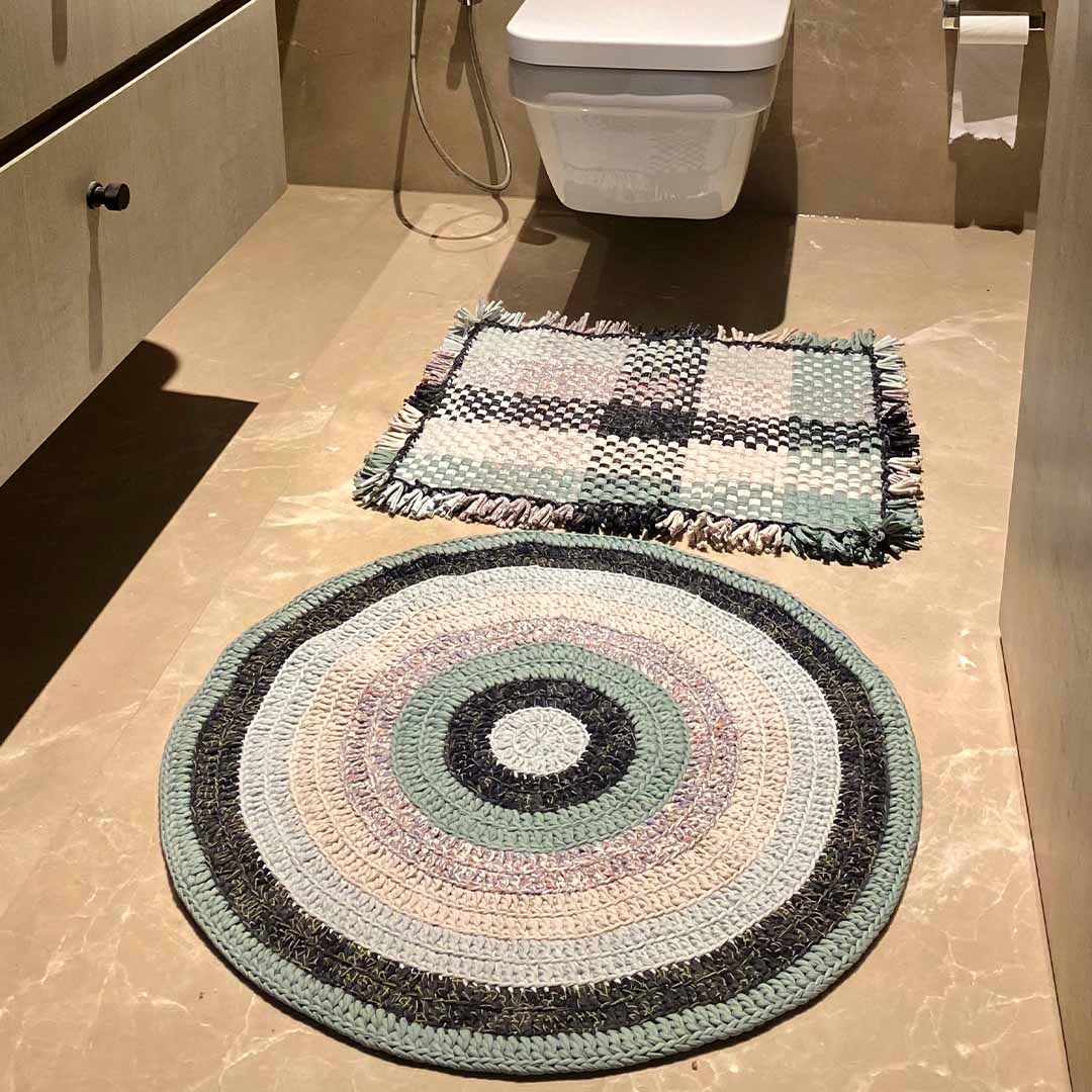Image of Round Crochet Floor Rug Mint Teal Charcoal Light Grey