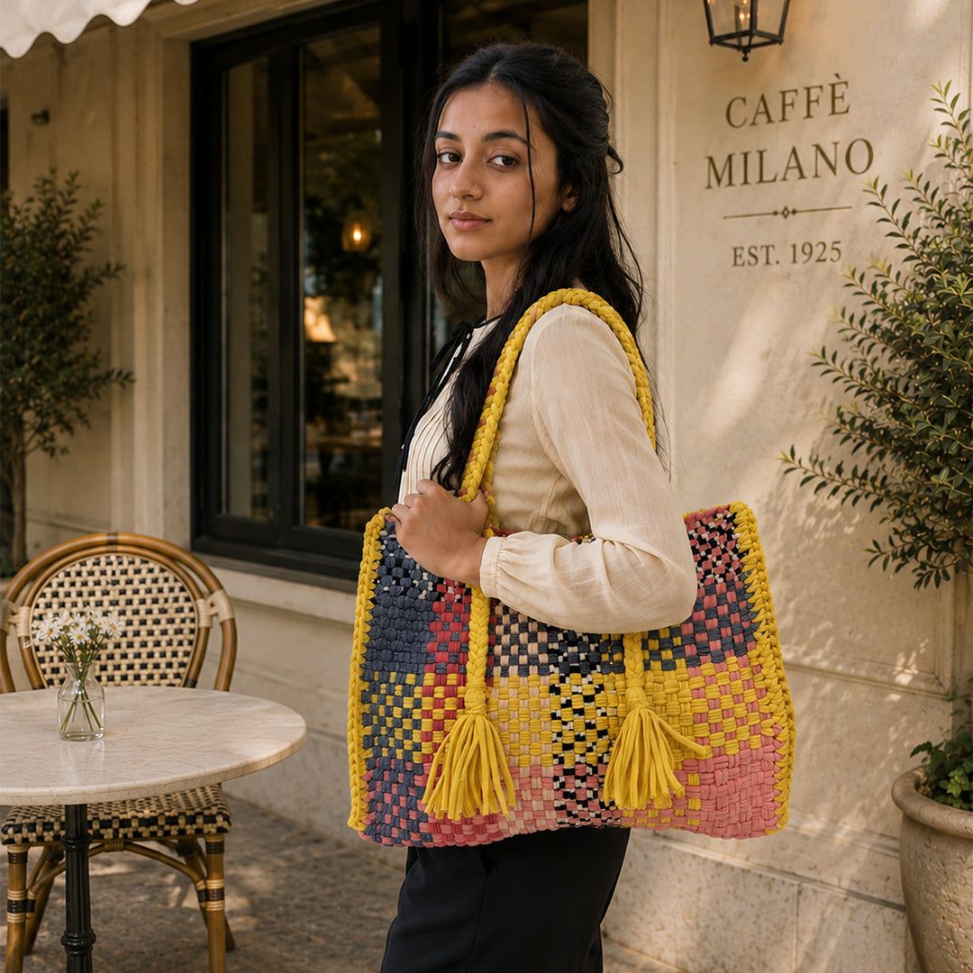 Oversized Tote / Hand / Shoulder Yellow, Pink, Stone Blue, Black
