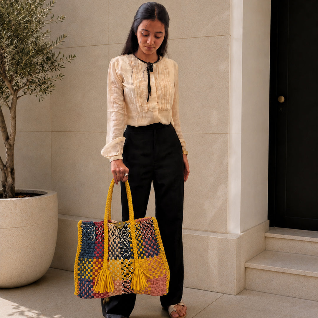 Oversized Tote / Hand / Shoulder Yellow, Pink, Stone Blue, Black