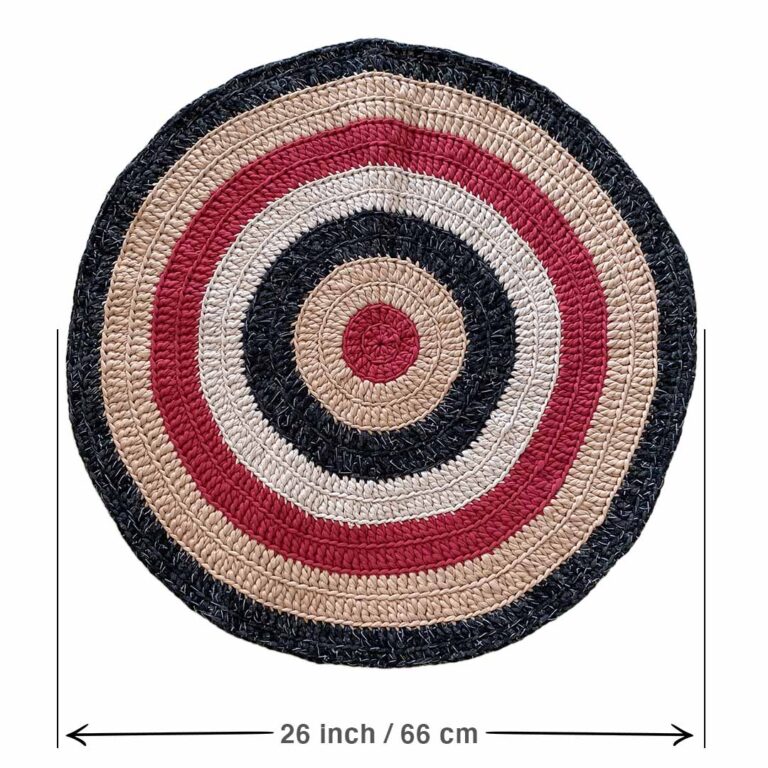 Image of Round Crochet Floor Rug Raspberry Charcoal Nude Ecru