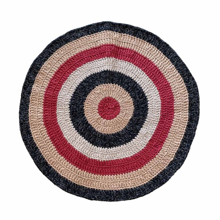 Image of Round Crochet Floor Rug Raspberry Charcoal Nude Ecru