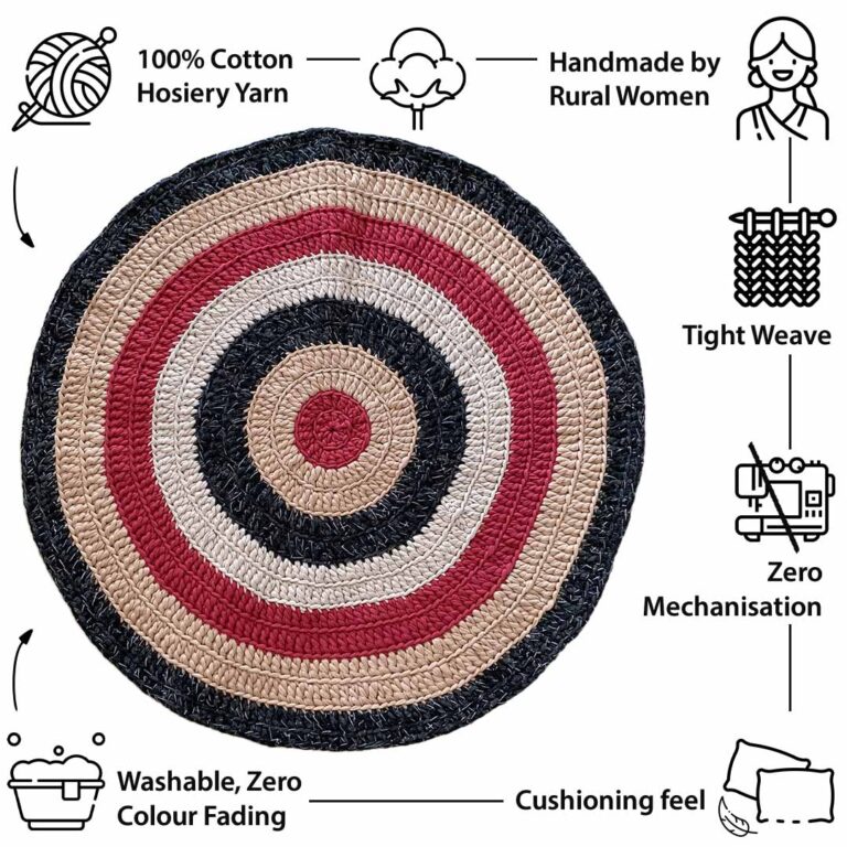 Image of Round Crochet Floor Rug Raspberry Charcoal Nude Ecru
