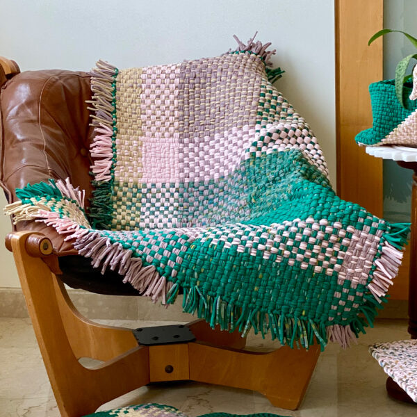Image of Tassel Floor Rug / Throw Coral Green Light Pink Old Rose Light Beige