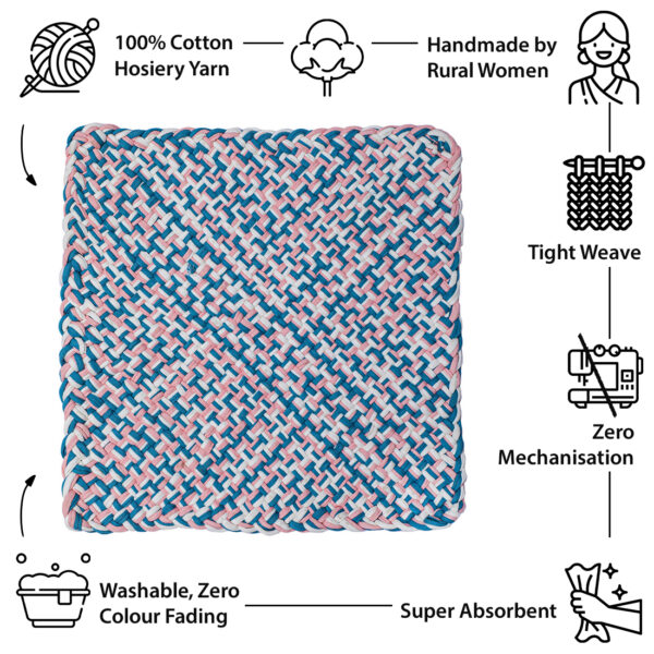 Image of Set of 4 Hand-Woven Square Placemats / Dining Mats Pink Blue White