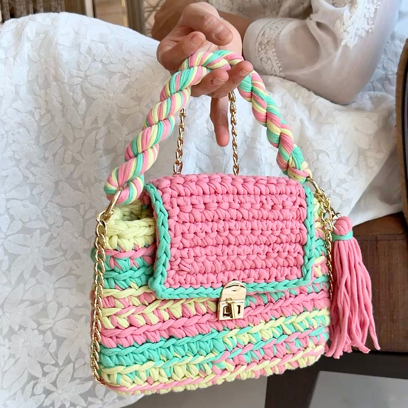 Image of Crochet Purse | Pink-Lime-Green / Hand or Shoulder Carry