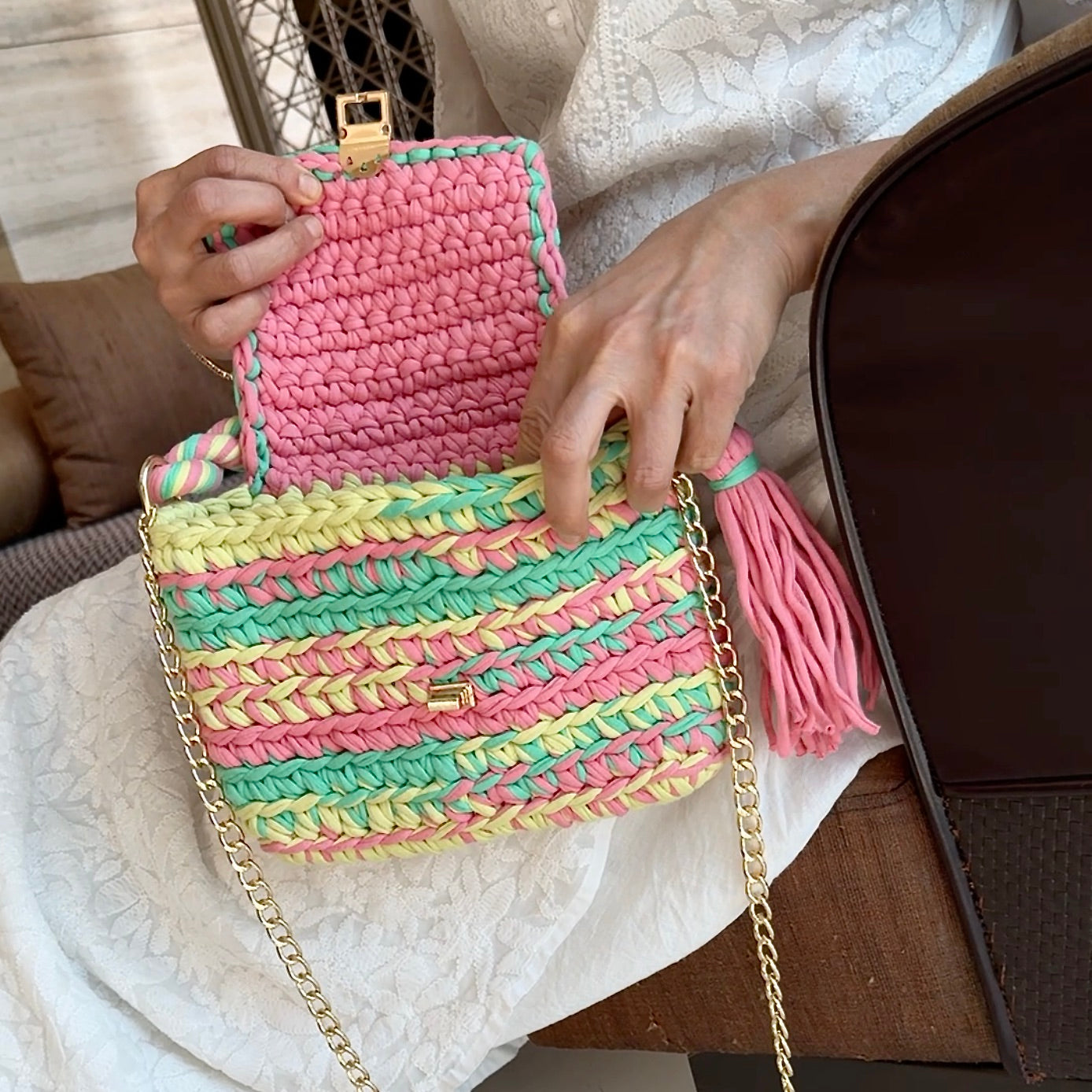Image of Crochet Purse | Pink-Lime-Green / Hand or Shoulder Carry
