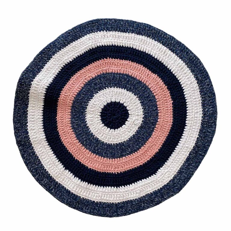 Image of Round Crochet Floor Rug Pink Navy White