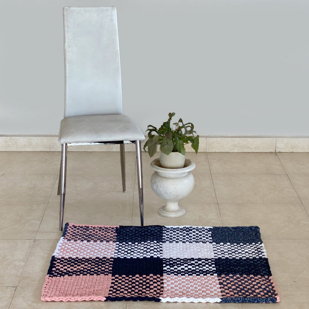 Braided Edged Floor Rug / Throw | Pink, Navy, White