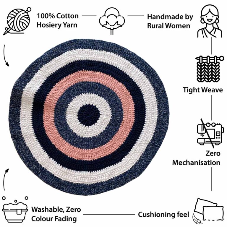 Image of Round Crochet Floor Rug Pink Navy White