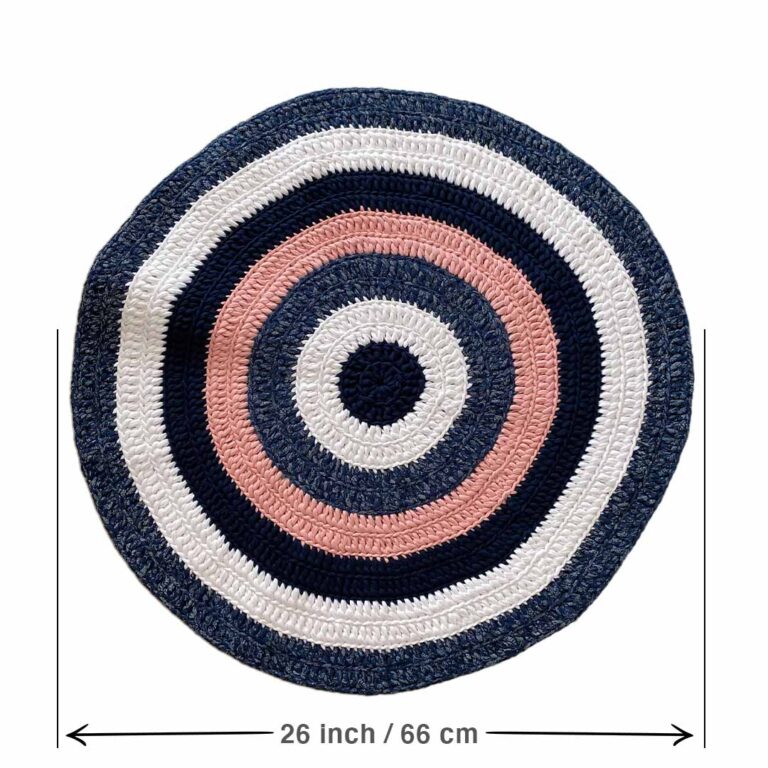 Image of Round Crochet Floor Rug Pink Navy White