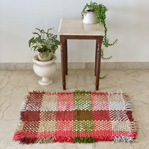 Image of Tassel Floor Rug / Throw Rectangular Coral Green Brown Beige Off White