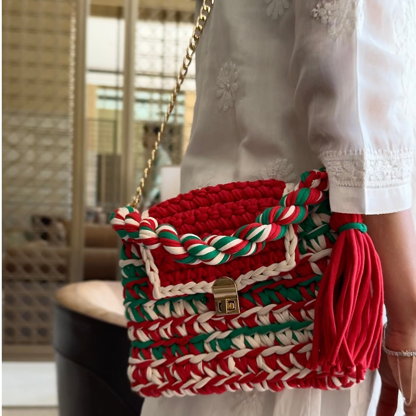 Image of Crochet Purse | Red-Green-White / Hand or Shoulder Carry