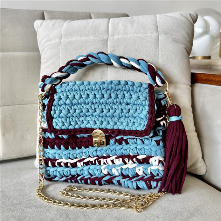 Image of Crochet Purse | Burgundy-Blue-White / Hand or Shoulder Carry